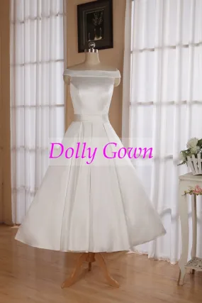 1950's Vintage Style Simple Off Shoulders Tea Length Wedding Dress with Box Pleats Waitline