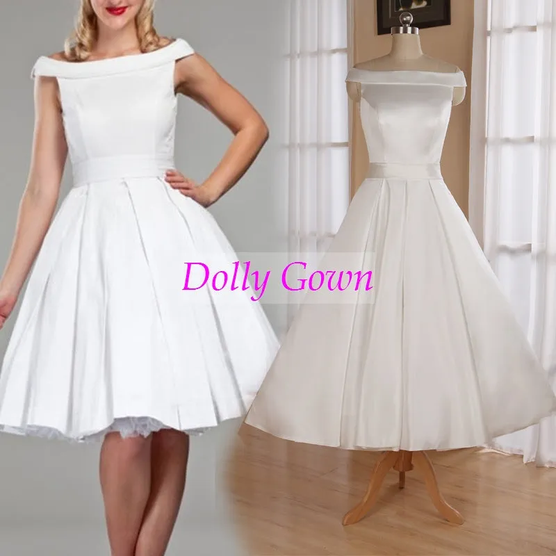 1950's Vintage Style Simple Off Shoulders Tea Length Wedding Dress with Box Pleats Waitline