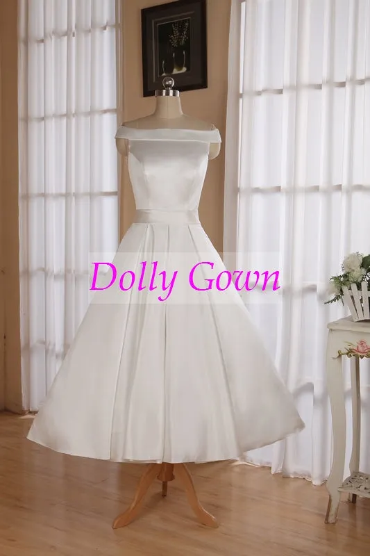 1950's Vintage Style Simple Off Shoulders Tea Length Wedding Dress with Box Pleats Waitline