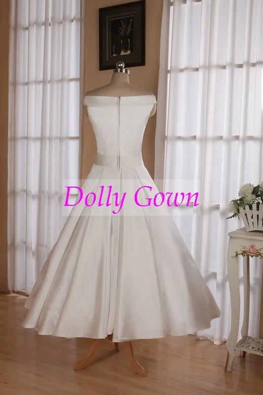 1950's Vintage Style Simple Off Shoulders Tea Length Wedding Dress with Box Pleats Waitline