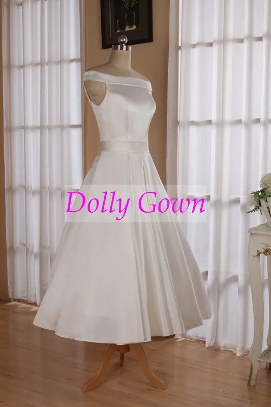 1950's Vintage Style Simple Off Shoulders Tea Length Wedding Dress with Box Pleats Waitline