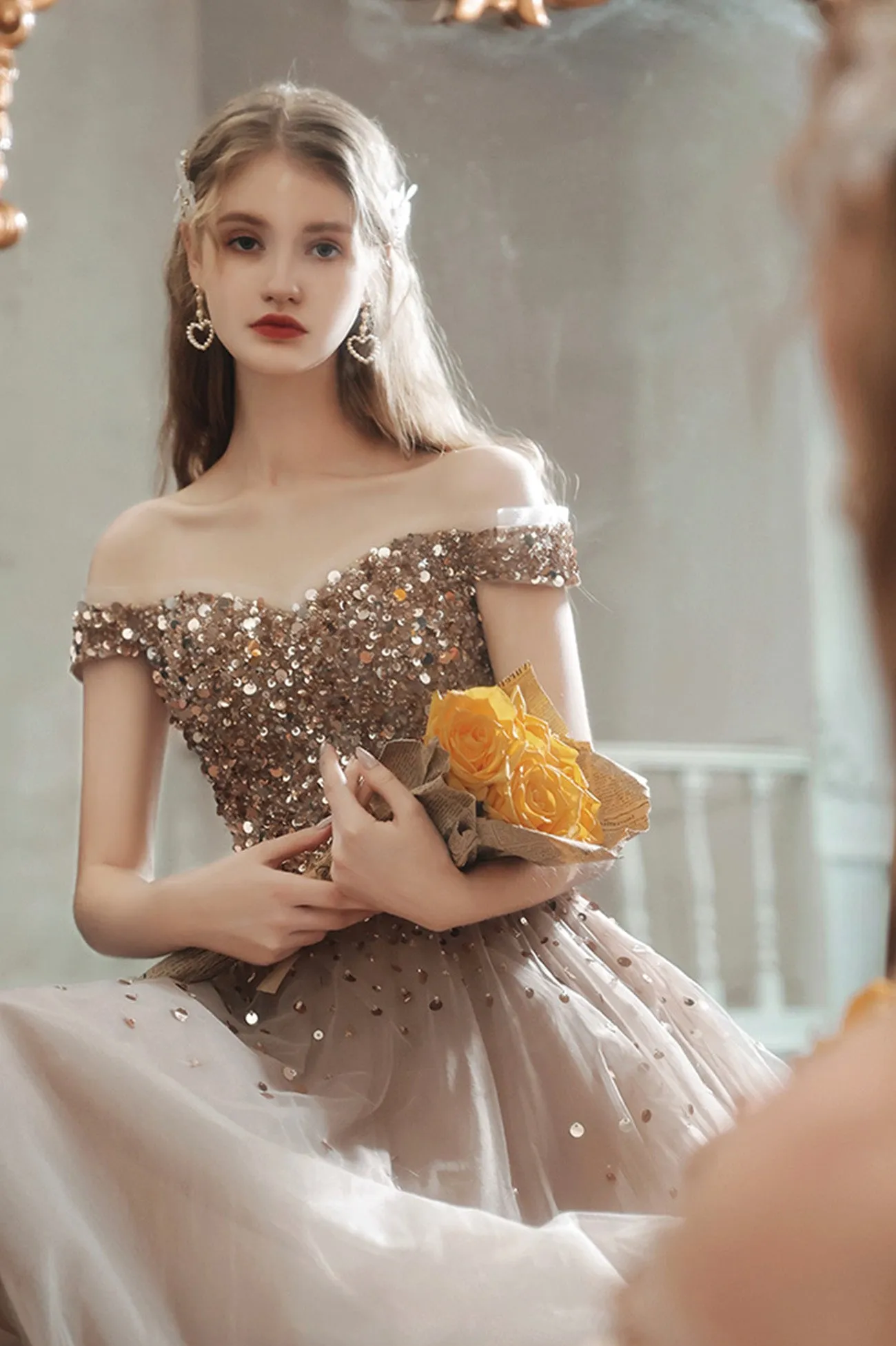 A-Line Tulle Long Prom Dress with Sequins, Lovely Off the Shoulder Evening Dress