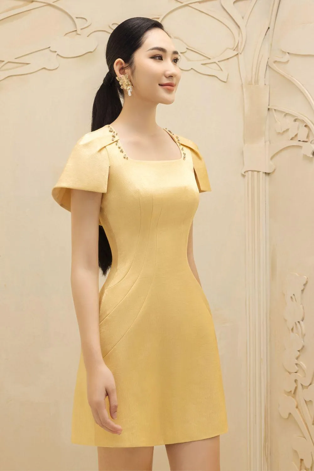 Aline A-line Square Neck Organza Mini Dress