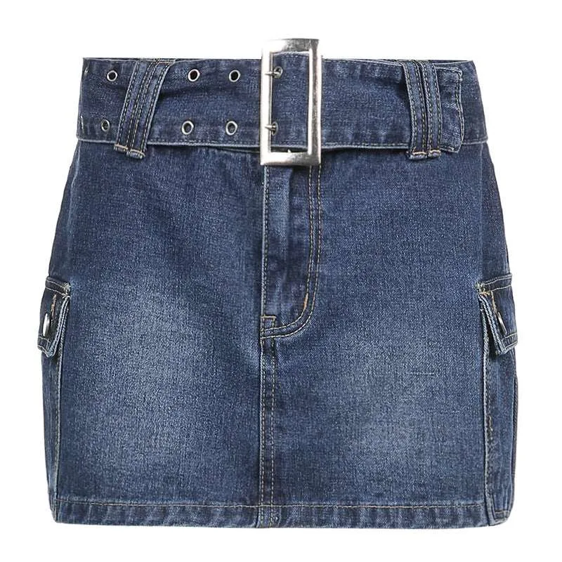 American Street Style Asymmetric Pocket Denim Skirt - Low Waist, Unique Design