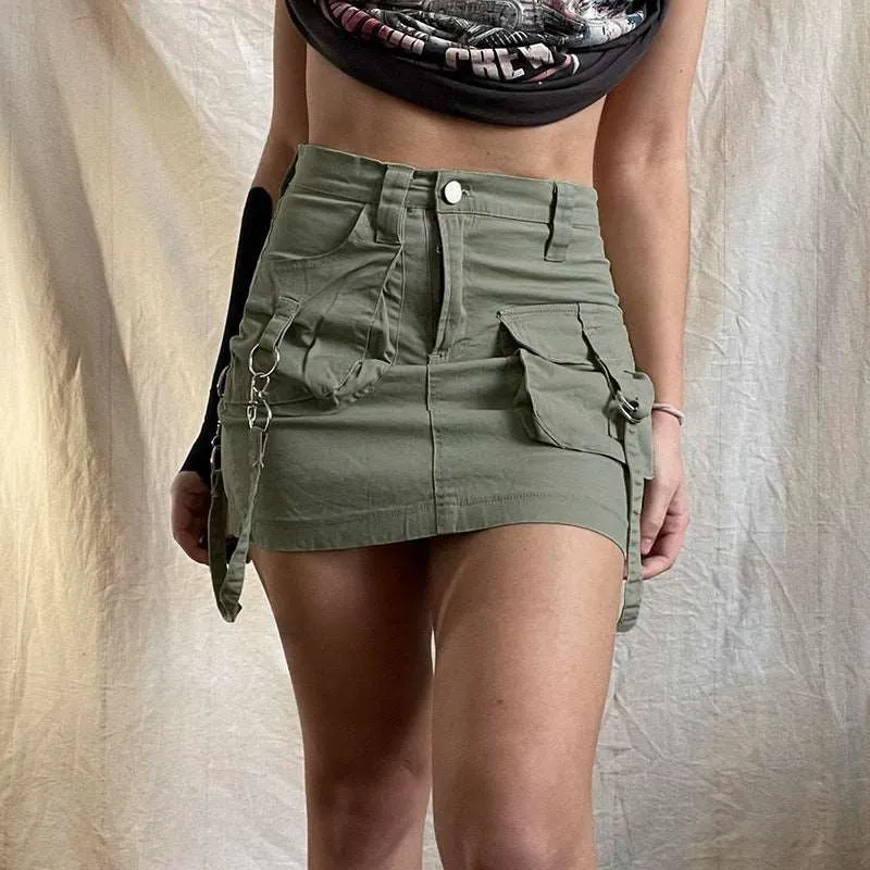 American Street Style Asymmetric Pocket Denim Skirt - Low Waist, Unique Design