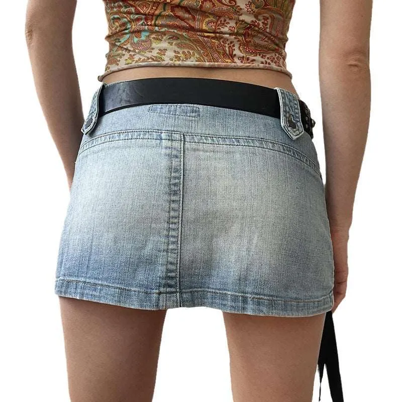 American Street Style Asymmetric Pocket Denim Skirt - Low Waist, Unique Design