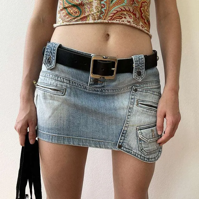 American Street Style Asymmetric Pocket Denim Skirt - Low Waist, Unique Design