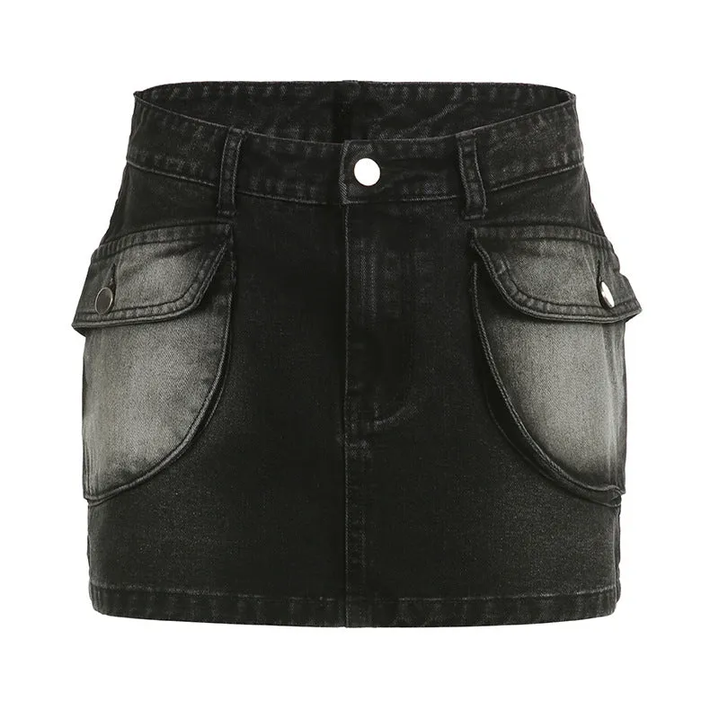American Street Style Asymmetric Pocket Denim Skirt - Low Waist, Unique Design