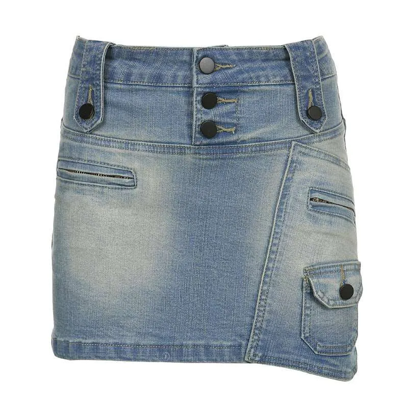 American Street Style Asymmetric Pocket Denim Skirt - Low Waist, Unique Design