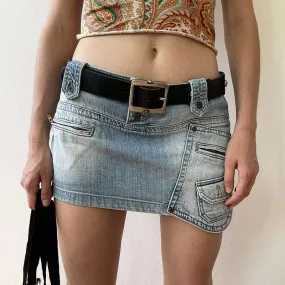 American Street Style Asymmetric Pocket Denim Skirt - Low Waist, Unique Design