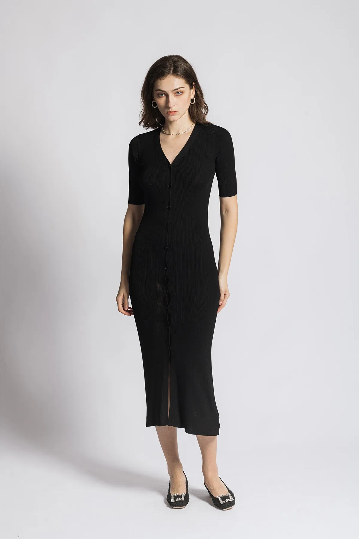 Anneassa V Neck Short Sleeve Knitted Maxi Dress