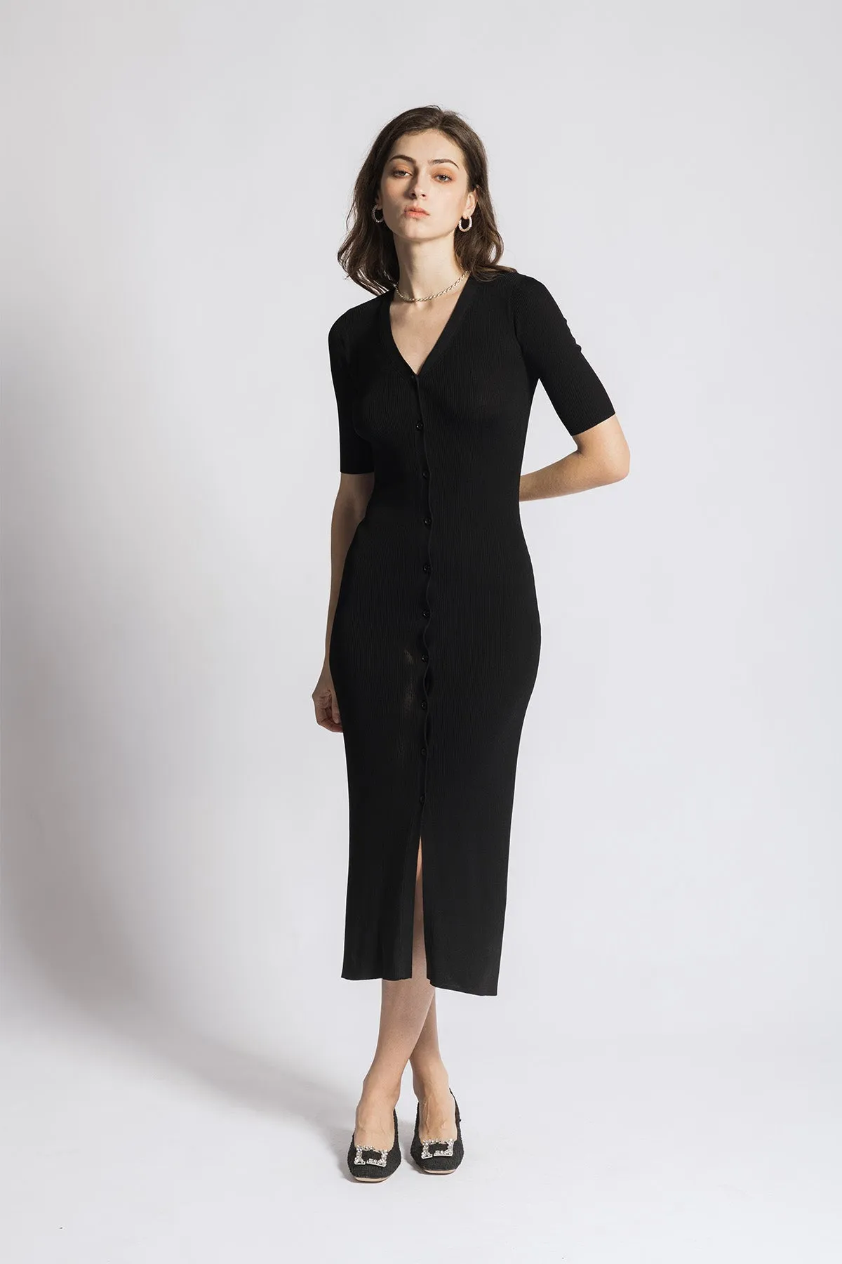 Anneassa V Neck Short Sleeve Knitted Maxi Dress