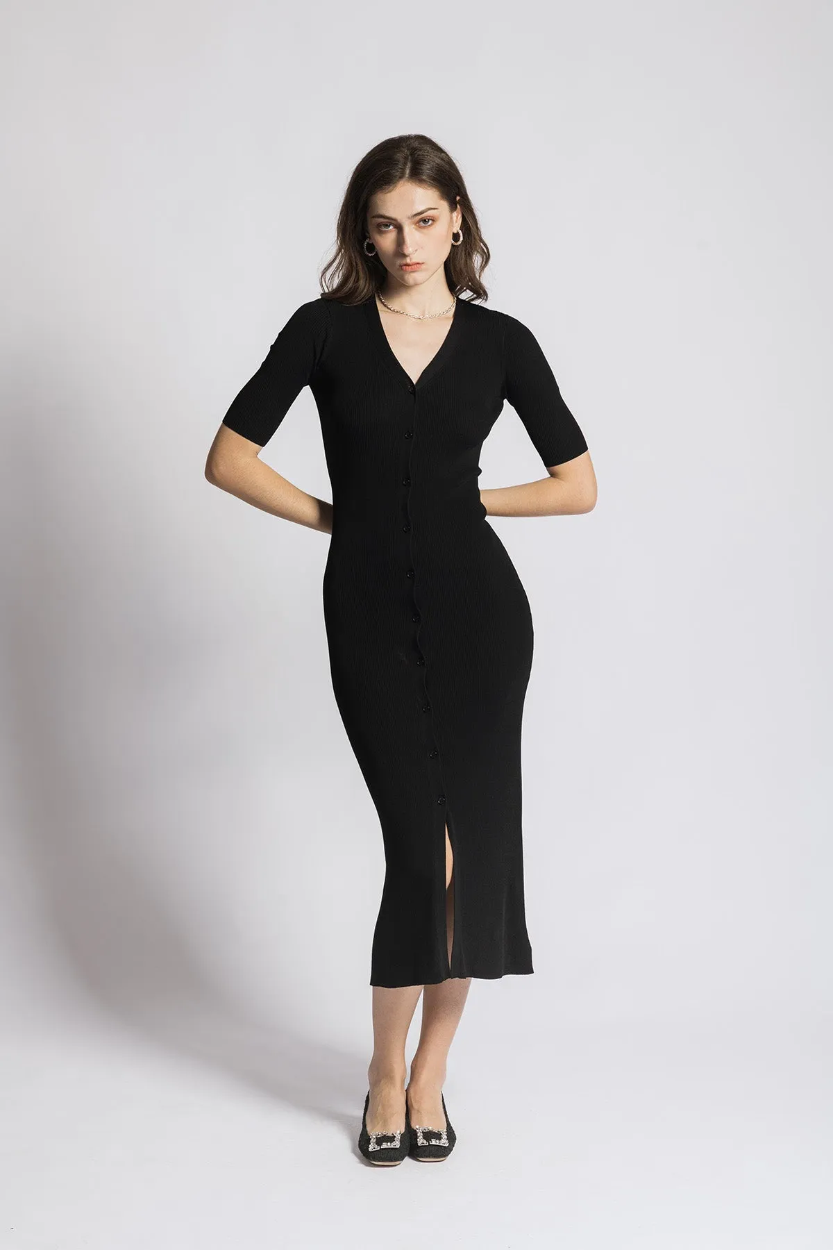 Anneassa V Neck Short Sleeve Knitted Maxi Dress