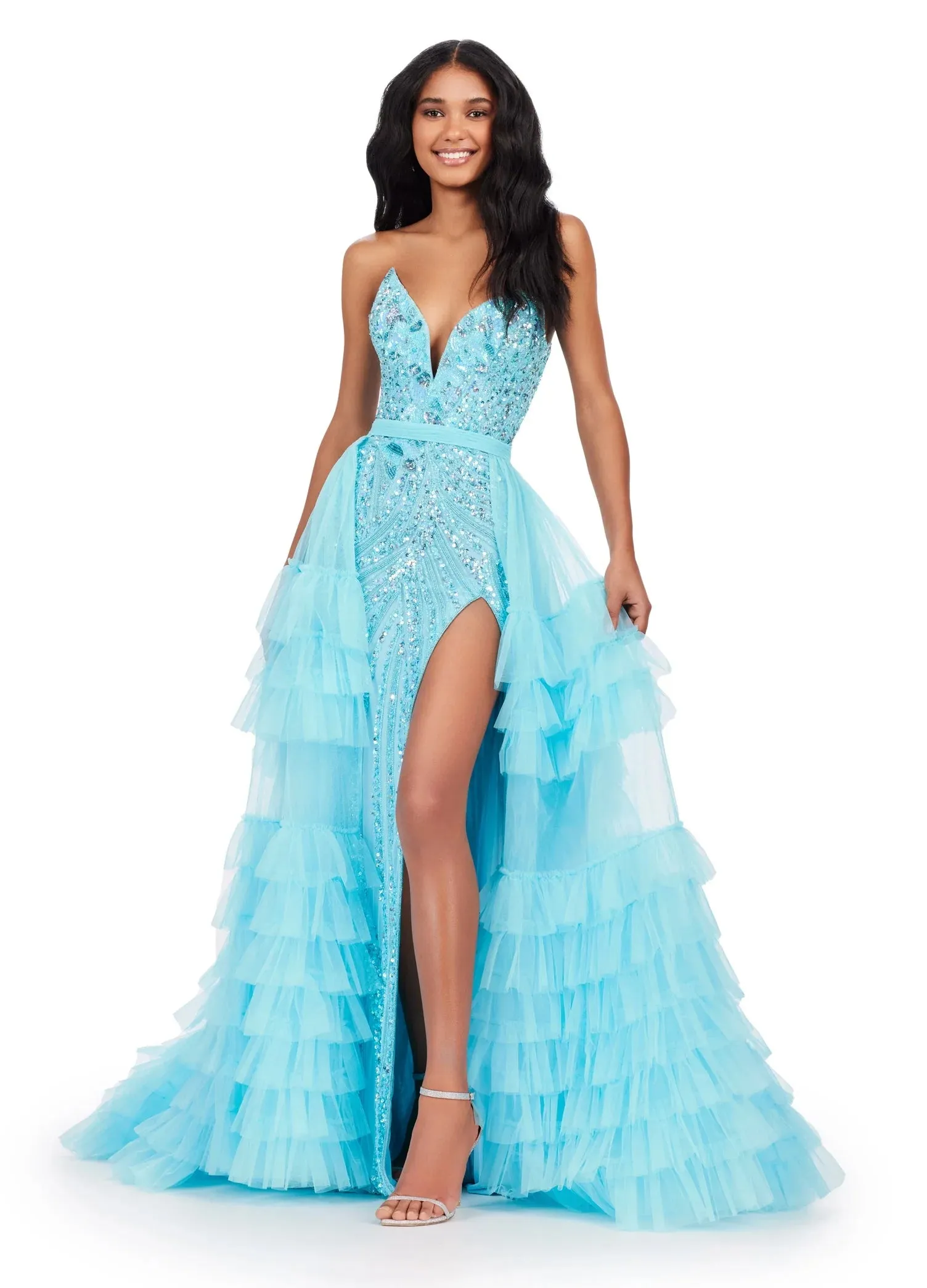 Ashley Lauren 11602 Size 10 White Ruffle Tulle Detachable Overskirt Layer Ruffle Pageant Skirt Train Formal