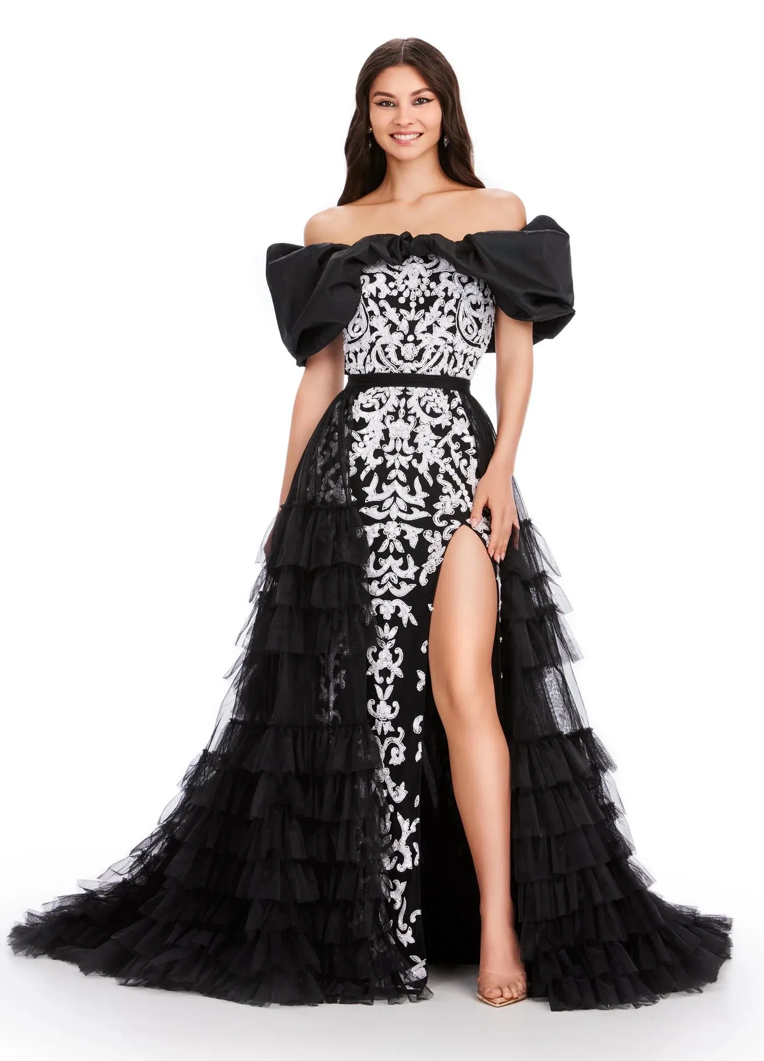 Ashley Lauren 11602 Size 10 White Ruffle Tulle Detachable Overskirt Layer Ruffle Pageant Skirt Train Formal