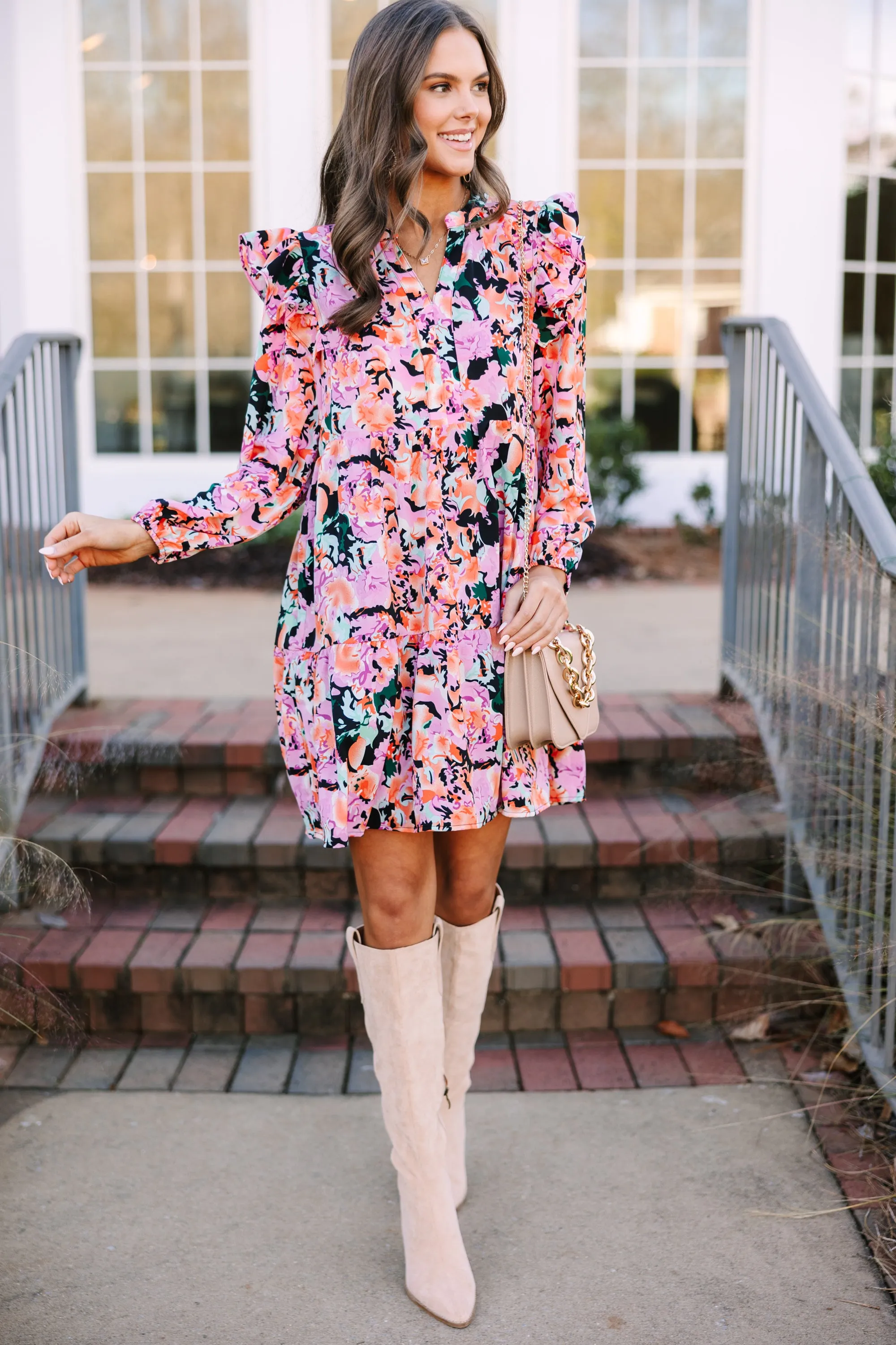 At This Time Fuchsia Pink Floral L/S Dress