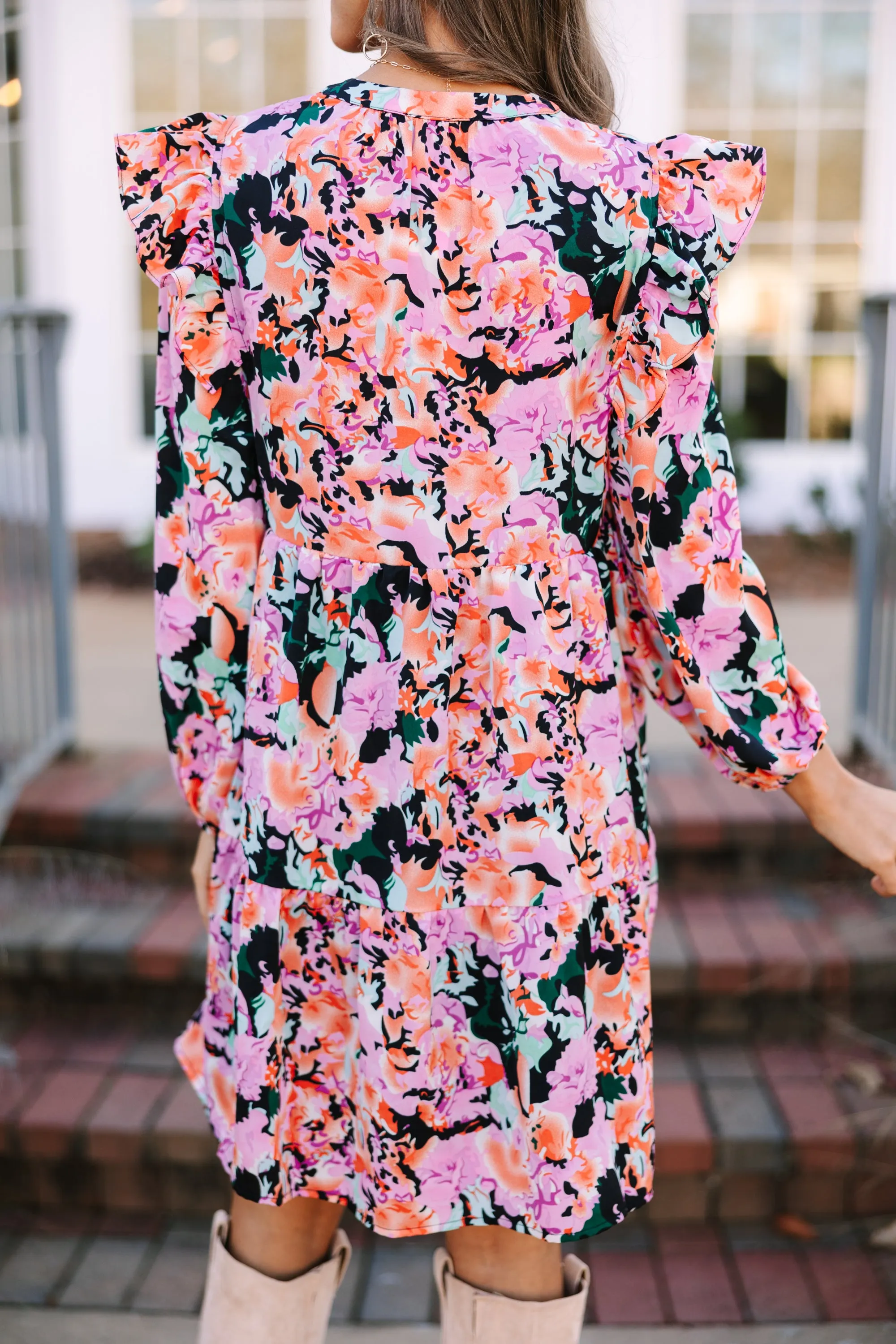 At This Time Fuchsia Pink Floral L/S Dress