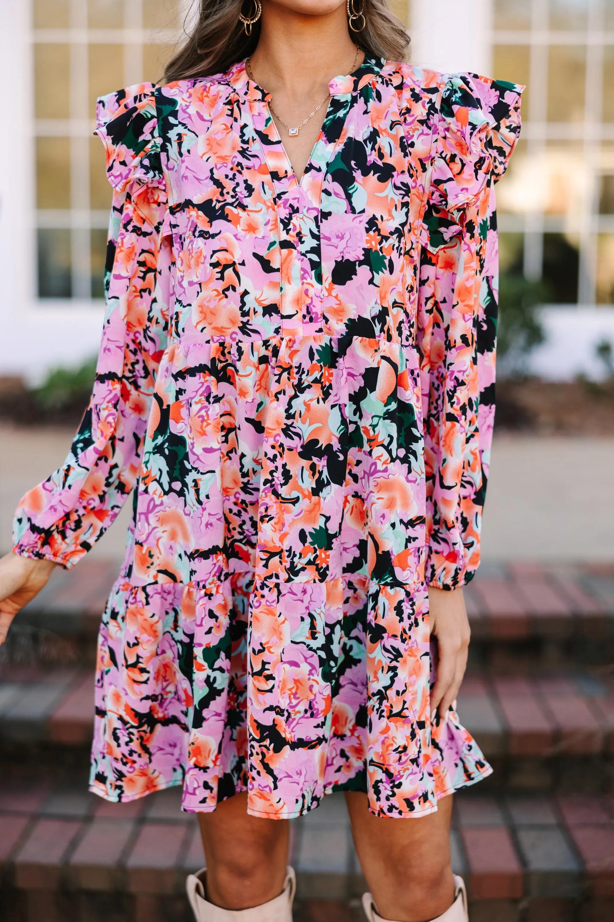 At This Time Fuchsia Pink Floral L/S Dress