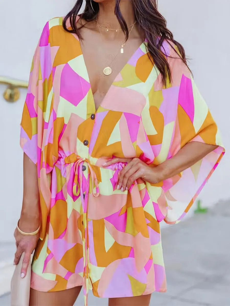 Beach-Ready Mini Dress with V-Neck and Printed Pattern