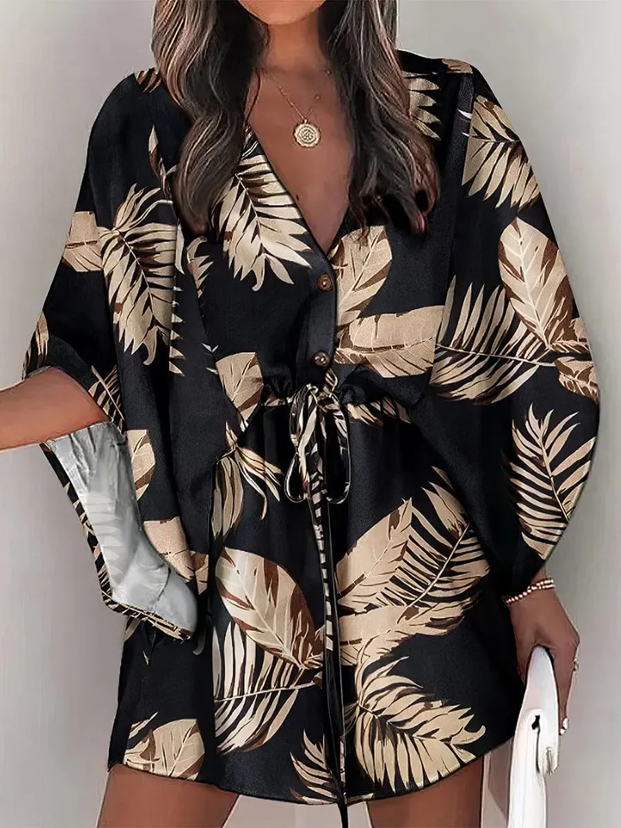 Beach-Ready Mini Dress with V-Neck and Printed Pattern