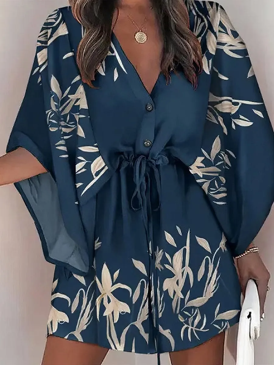 Beach-Ready Mini Dress with V-Neck and Printed Pattern