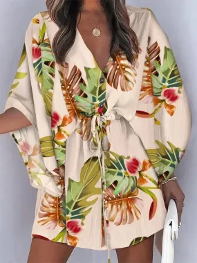 Beach-Ready Mini Dress with V-Neck and Printed Pattern