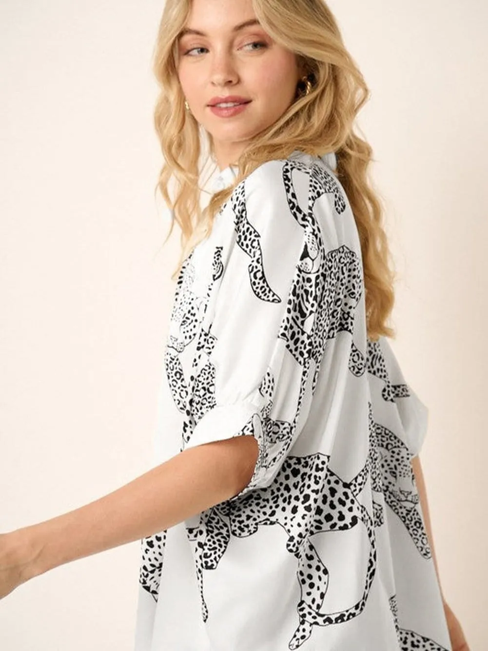 Beige Leopard Print Button-Up Half Sleeve Blouse