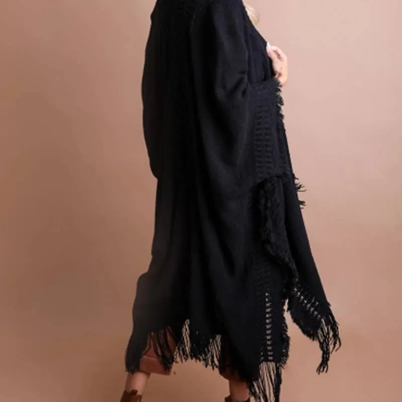 Black Open Work Frayed Border Bohemian Ruana Wrap Shawl