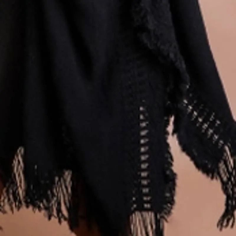 Black Open Work Frayed Border Bohemian Ruana Wrap Shawl