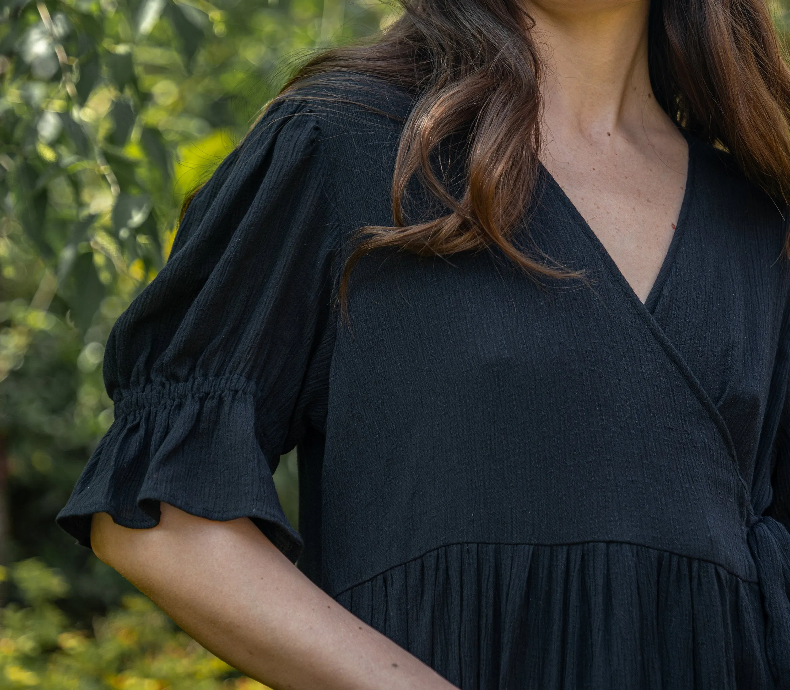 Black Wrap Dress | Molly Semi-Sheer Viscose Dobby Dress