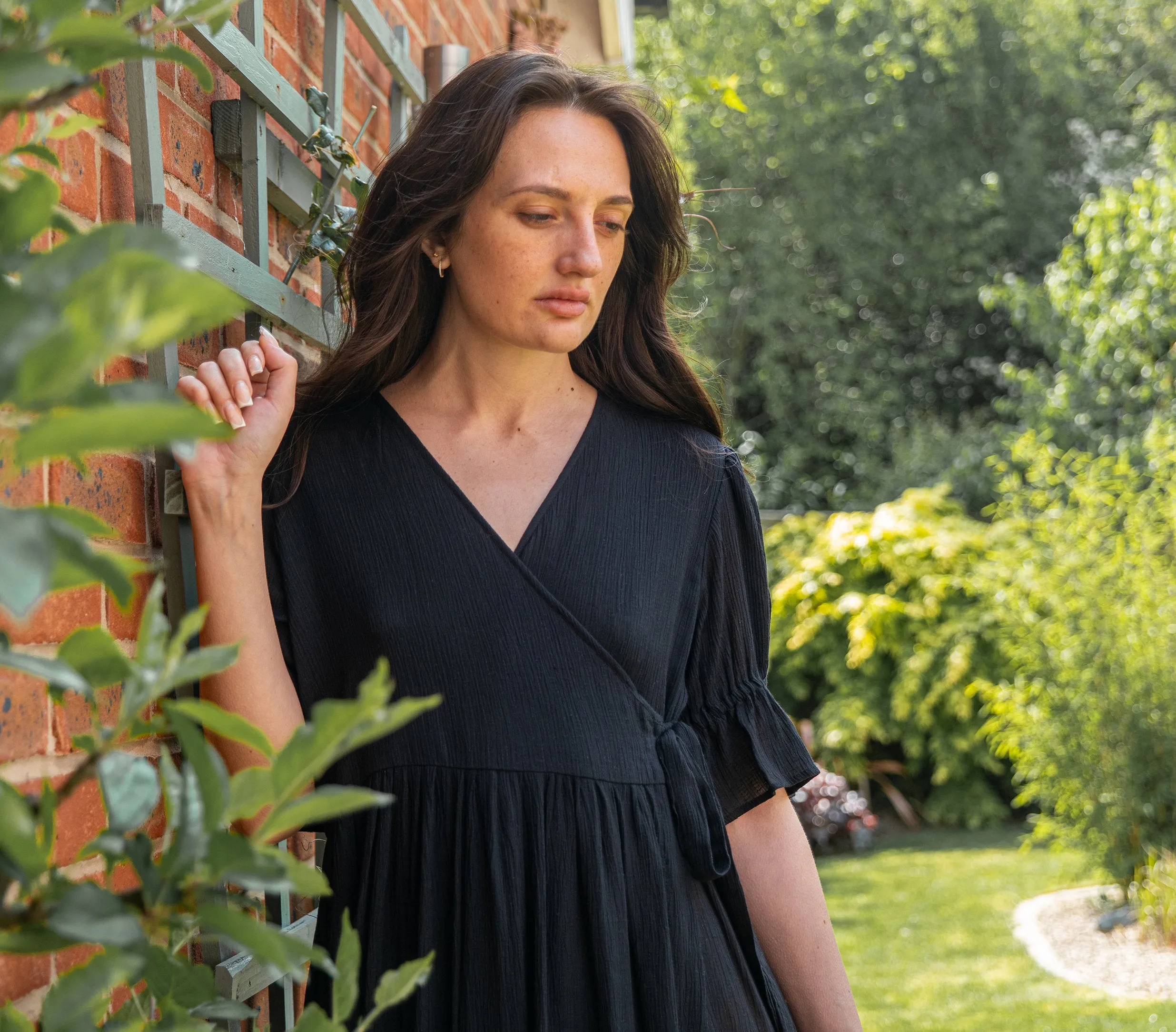 Black Wrap Dress | Molly Semi-Sheer Viscose Dobby Dress
