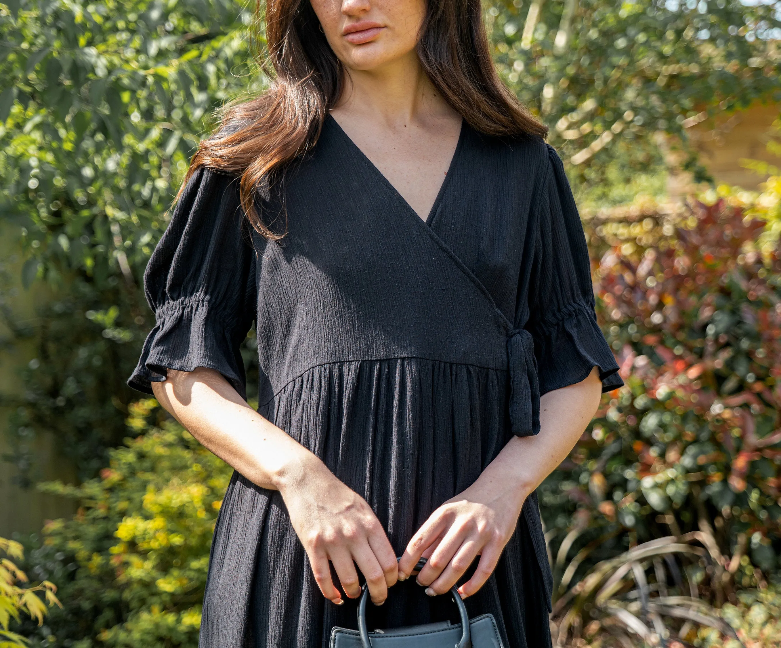 Black Wrap Dress | Molly Semi-Sheer Viscose Dobby Dress
