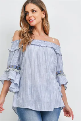 Blue Stripe Cold Shoulder Bohemian Top