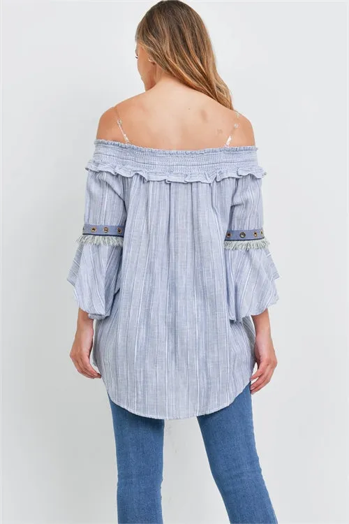 Blue Stripe Cold Shoulder Bohemian Top
