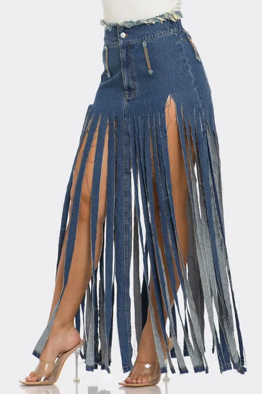 Bohemian Rhapsody Fringe Denim Maxi Skirt