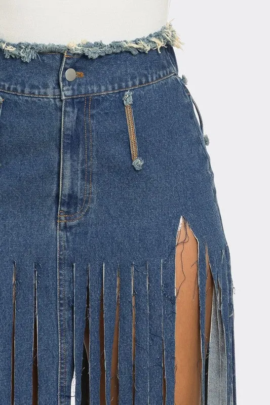Bohemian Rhapsody Fringe Denim Maxi Skirt
