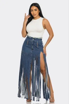 Bohemian Rhapsody Fringe Denim Maxi Skirt