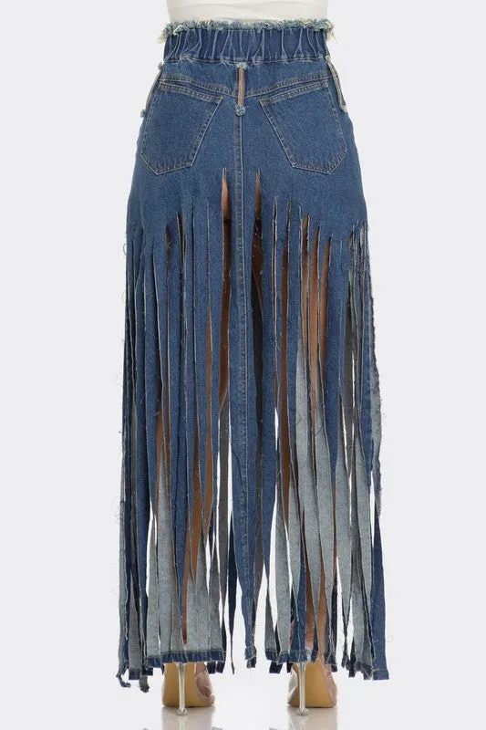 Bohemian Rhapsody Fringe Denim Maxi Skirt