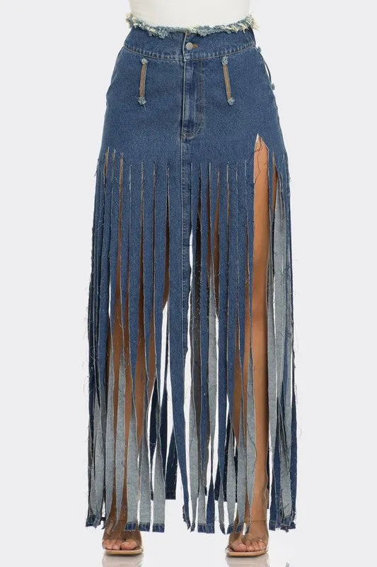Bohemian Rhapsody Fringe Denim Maxi Skirt