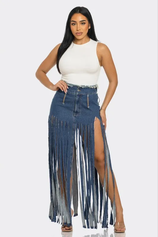 Bohemian Rhapsody Fringe Denim Maxi Skirt