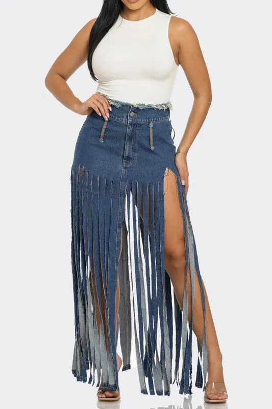 Bohemian Rhapsody Fringe Denim Maxi Skirt