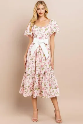 Bow Floral Flutter Sleeves Dress