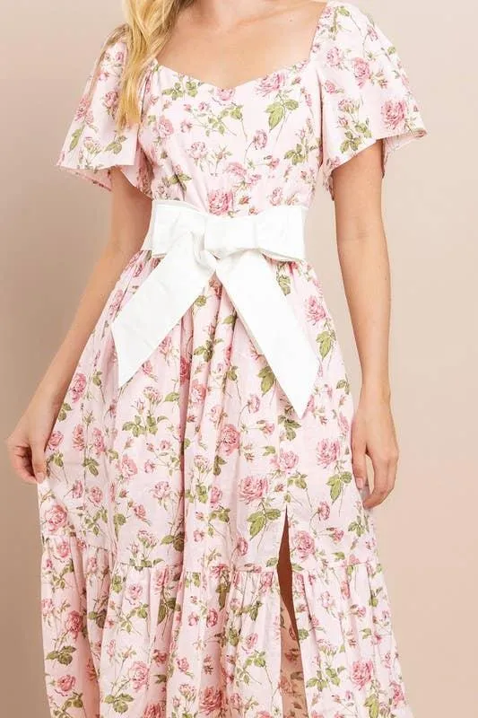 Bow Floral Flutter Sleeves Dress
