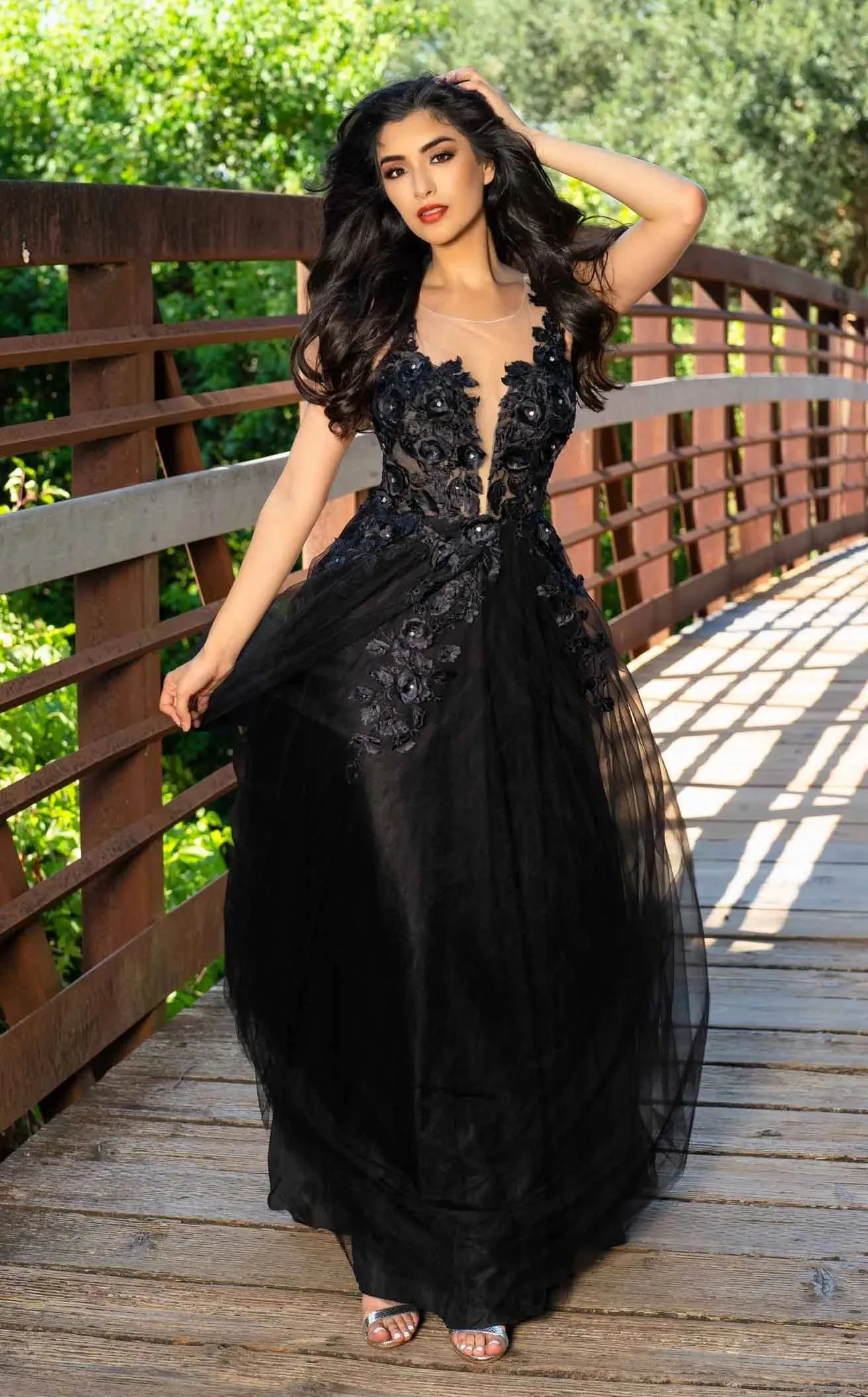 Cecilia Couture 1522 Sheer Black Wedding Dress Floral 3D Lace Ballgown High Neck Button