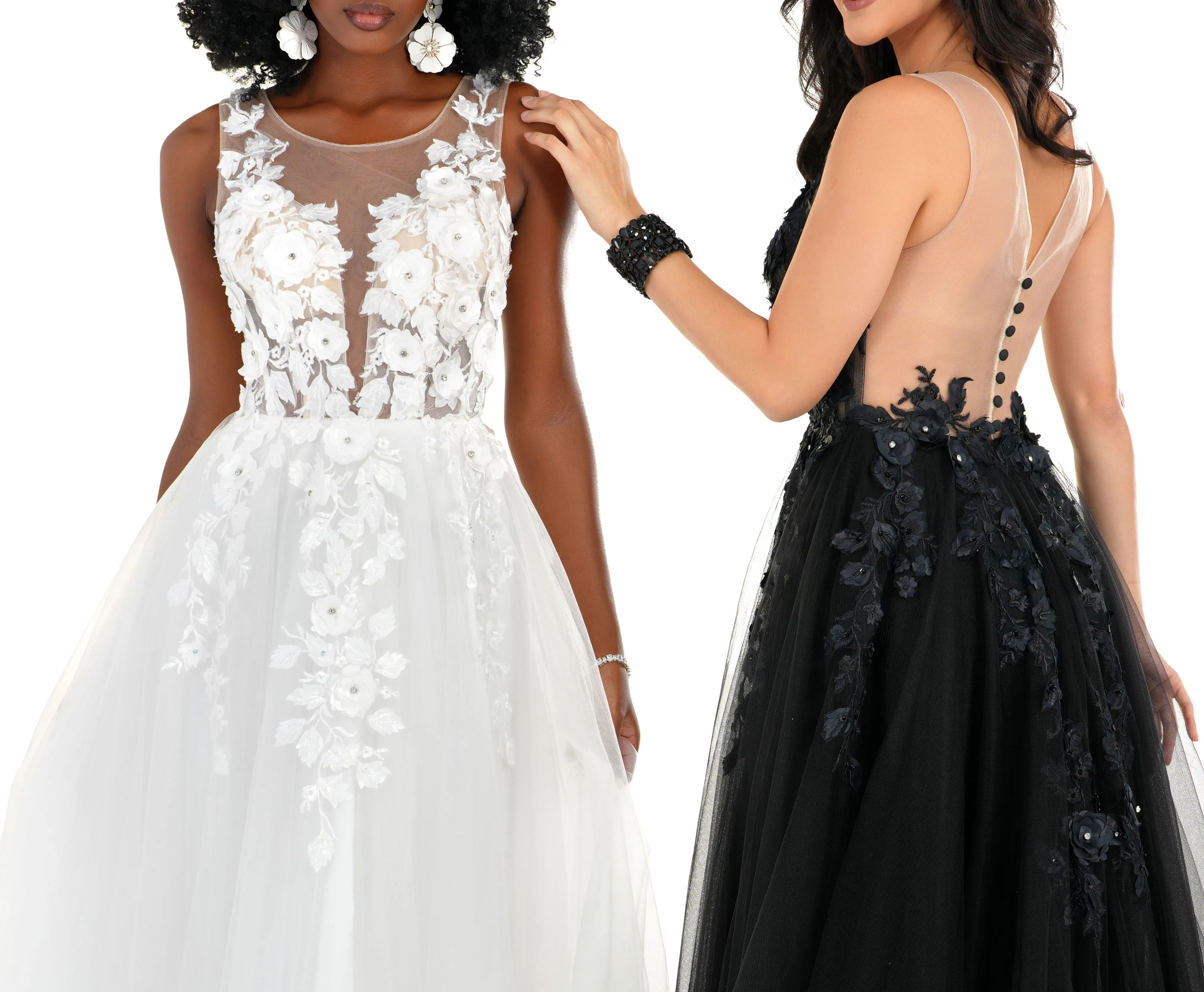 Cecilia Couture 1522 Sheer Black Wedding Dress Floral 3D Lace Ballgown High Neck Button