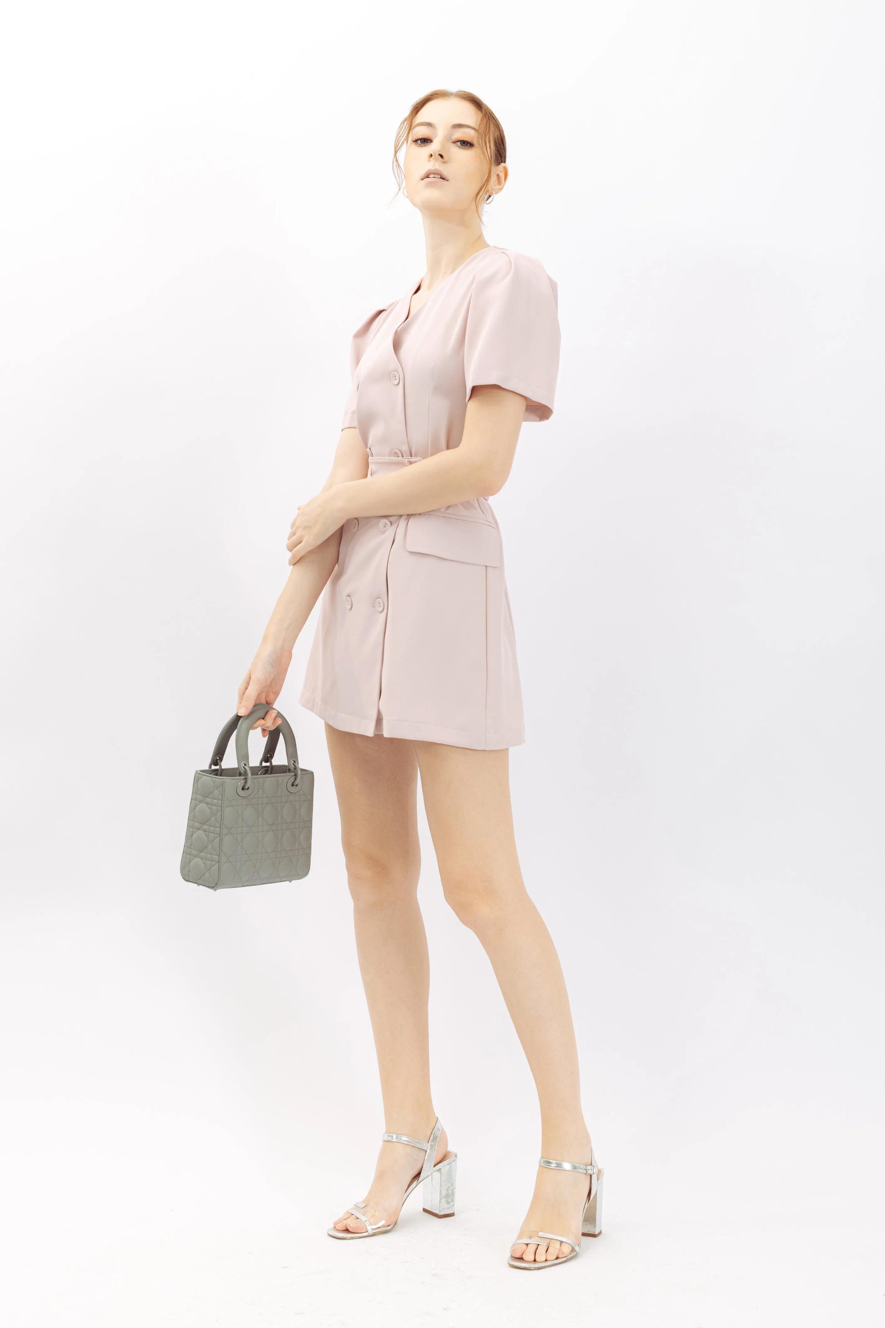 Clarette Short Puff Sleeve V Neckline Dress