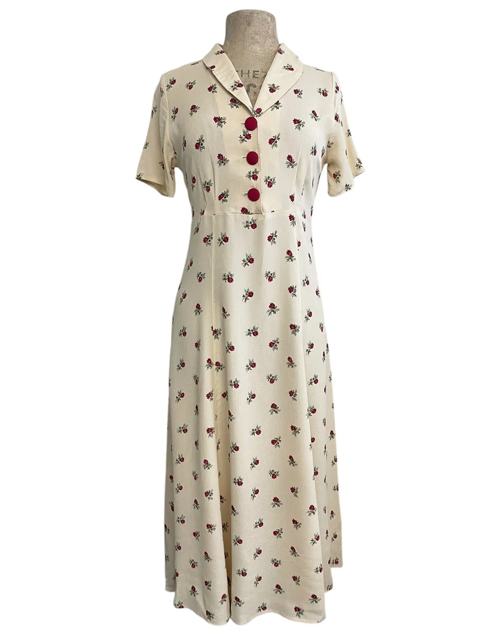 Cream Red Rosebud Floral 1940s Style Tea Length Day Dress