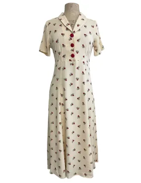 Cream Red Rosebud Floral 1940s Style Tea Length Day Dress