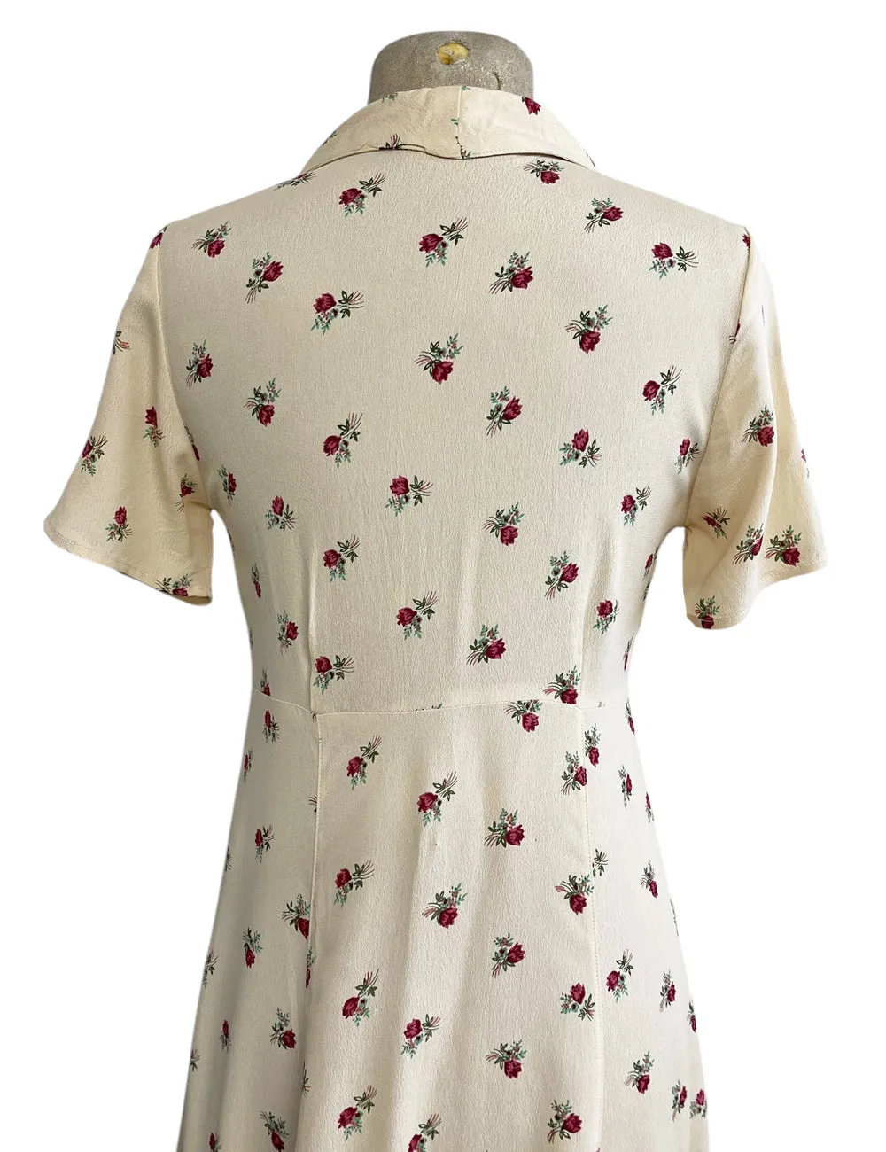 Cream Red Rosebud Floral 1940s Style Tea Length Day Dress