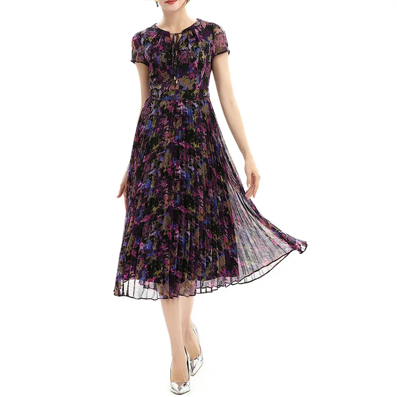 D028 Women artistic floral print cap sleeves pleated midi day dress